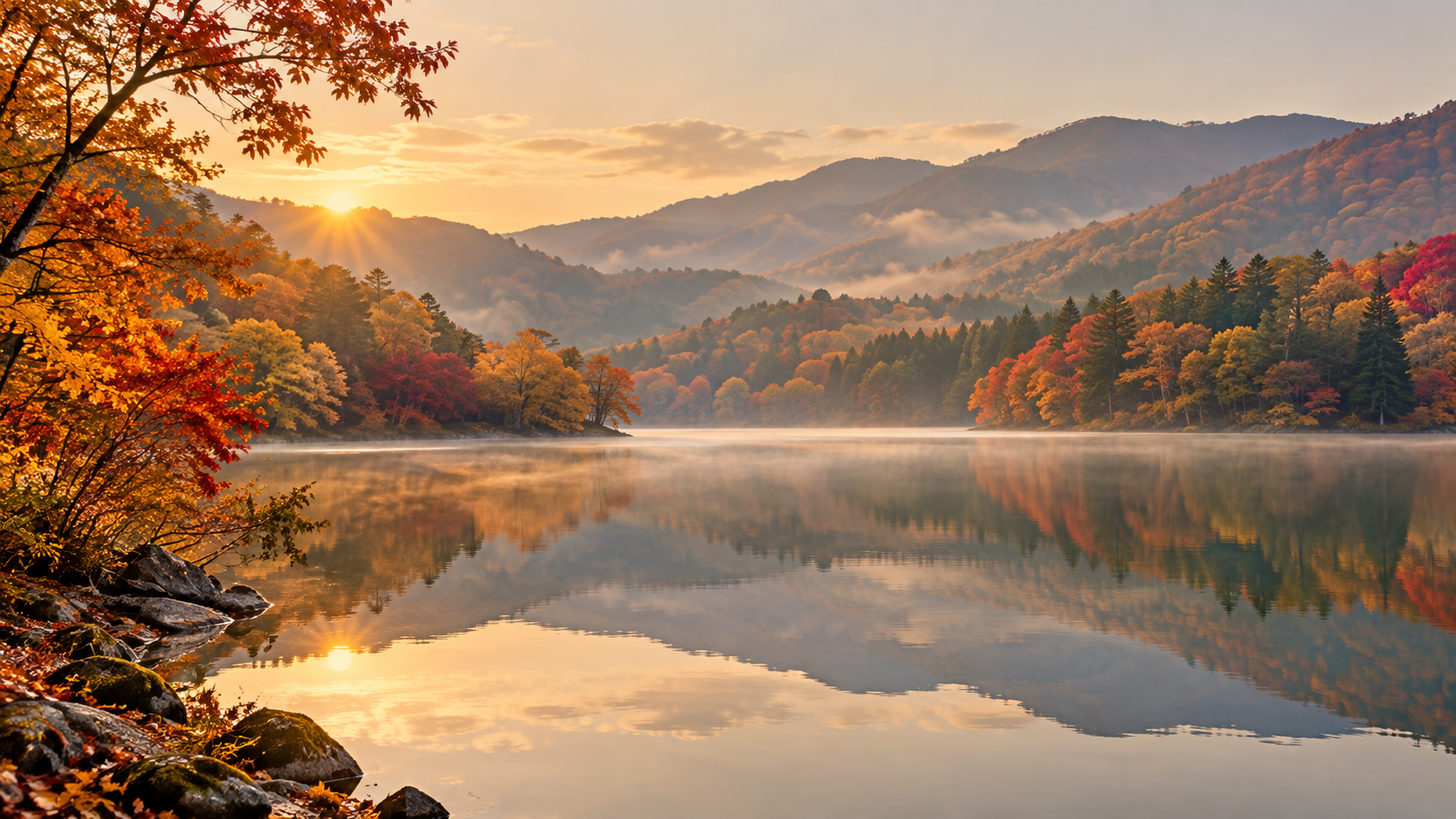 紅葉に囲まれた静かな湖のAI見本画像