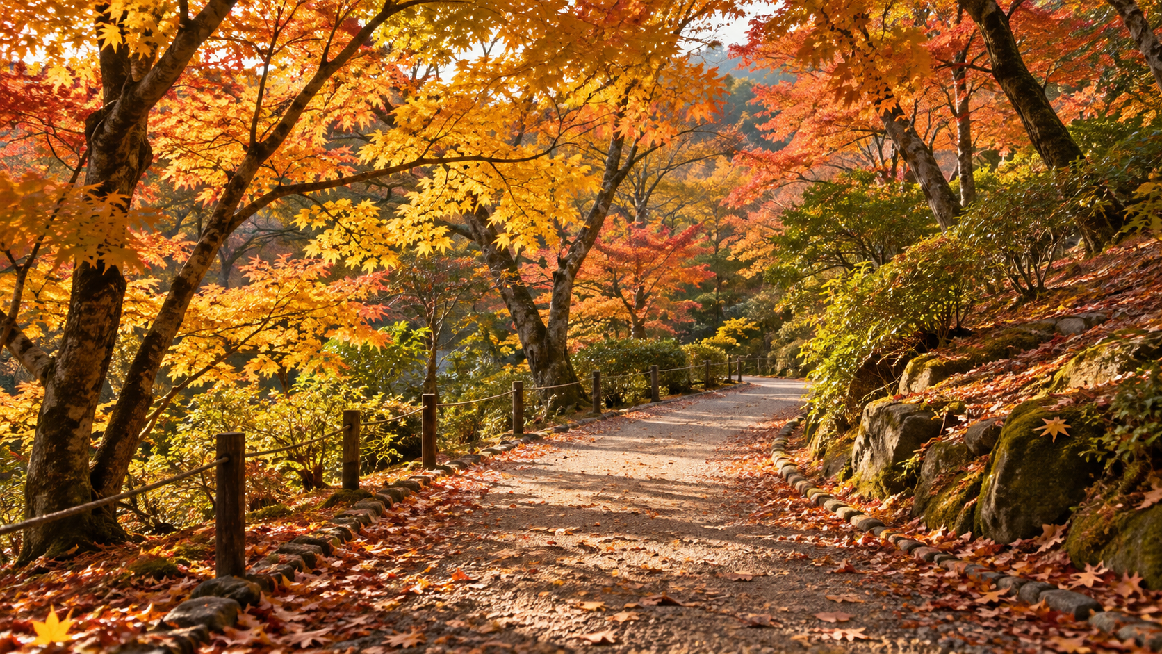 紅葉の中を散歩するAI見本画像