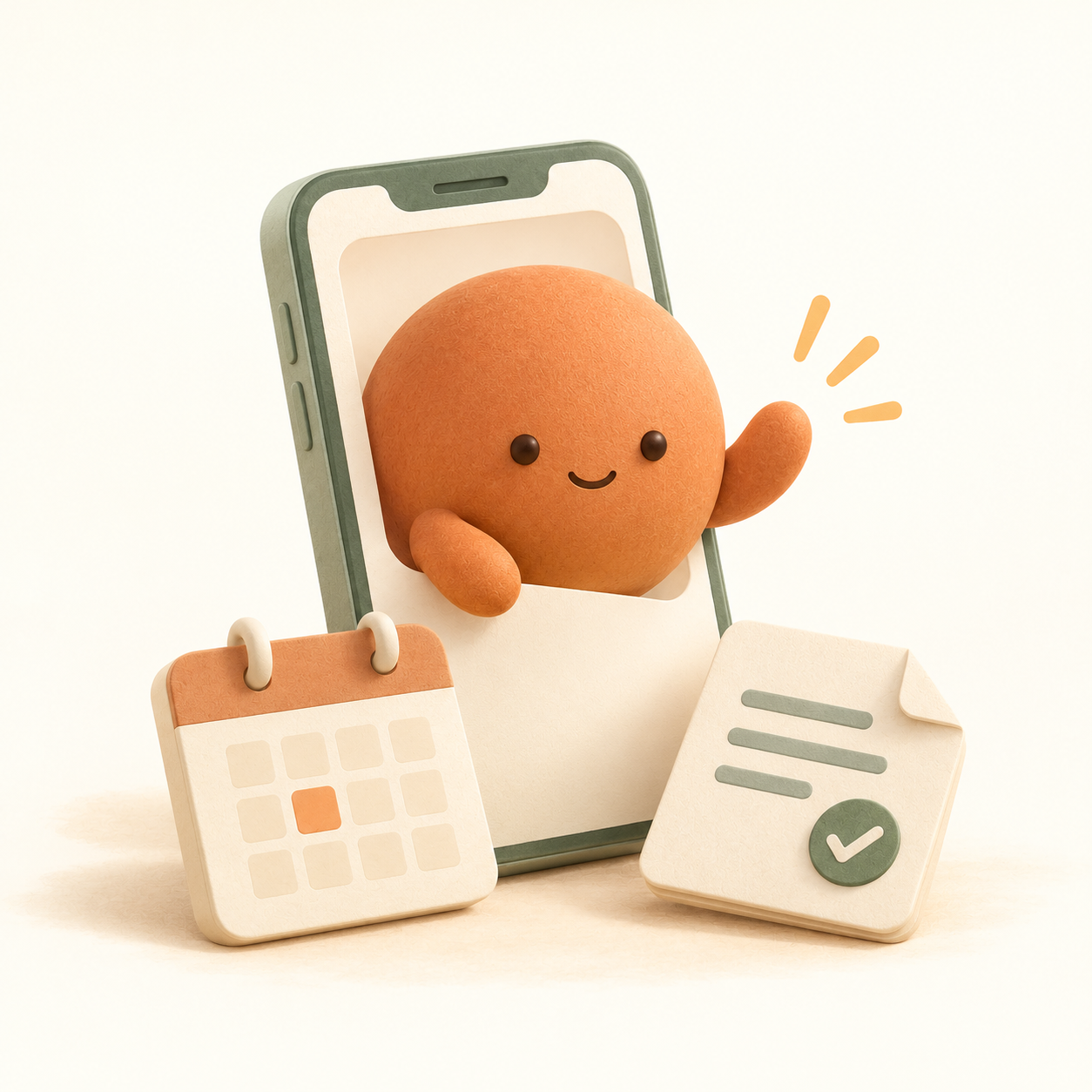 スマホから顔を出して手を振る、丸いオレンジ色の相棒。そばにカレンダーとチェック済みのメモがあります